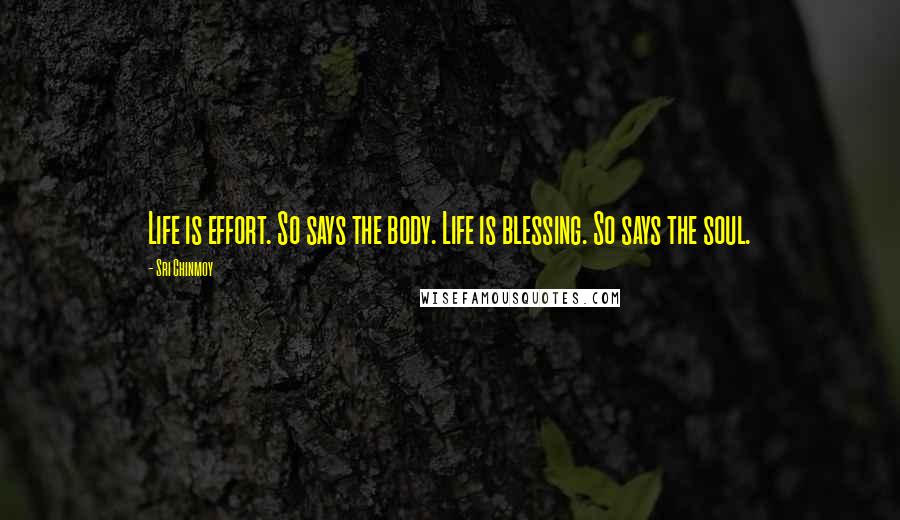 Sri Chinmoy Quotes: Life is effort. So says the body. Life is blessing. So says the soul.