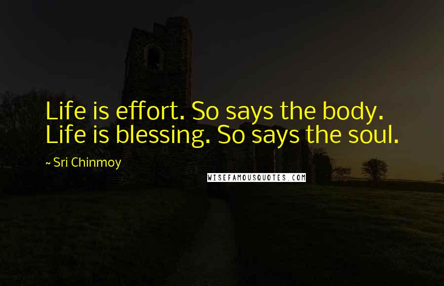 Sri Chinmoy Quotes: Life is effort. So says the body. Life is blessing. So says the soul.
