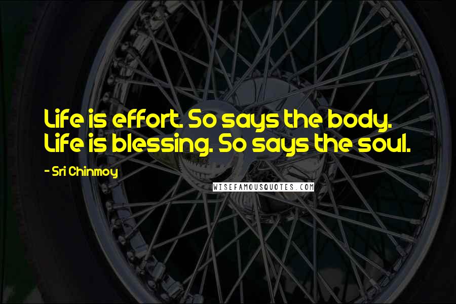 Sri Chinmoy Quotes: Life is effort. So says the body. Life is blessing. So says the soul.