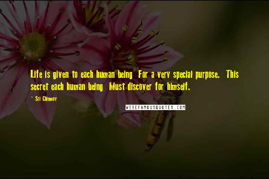 Sri Chinmoy Quotes: Life is given to each human being  For a very special purpose.  This secret each human being  Must discover for himself.