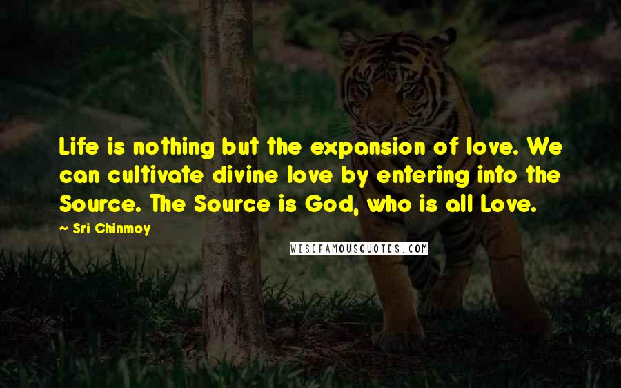 Sri Chinmoy Quotes: Life is nothing but the expansion of love. We can cultivate divine love by entering into the Source. The Source is God, who is all Love.