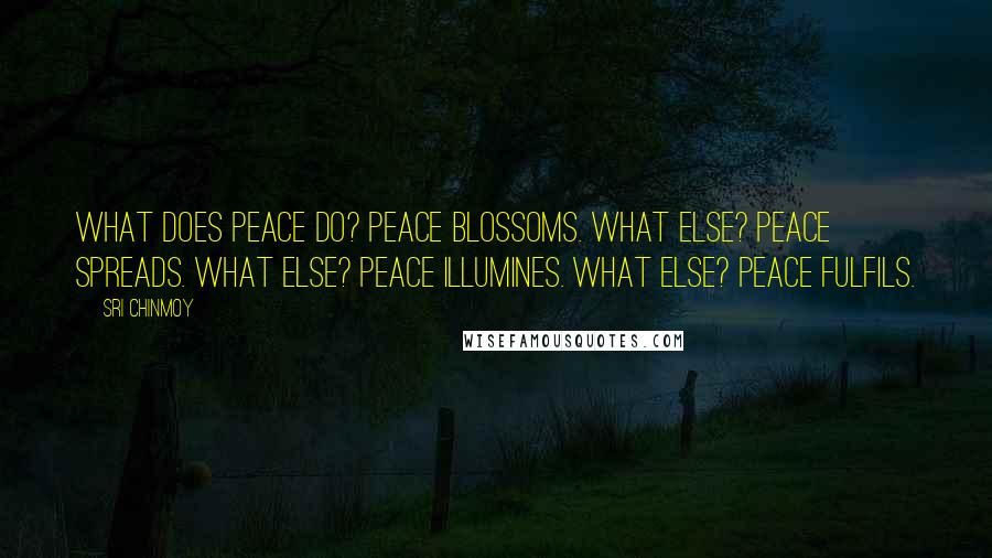 Sri Chinmoy Quotes: What does peace do? Peace blossoms. What else? Peace spreads. What else? Peace illumines. What else? Peace fulfils.
