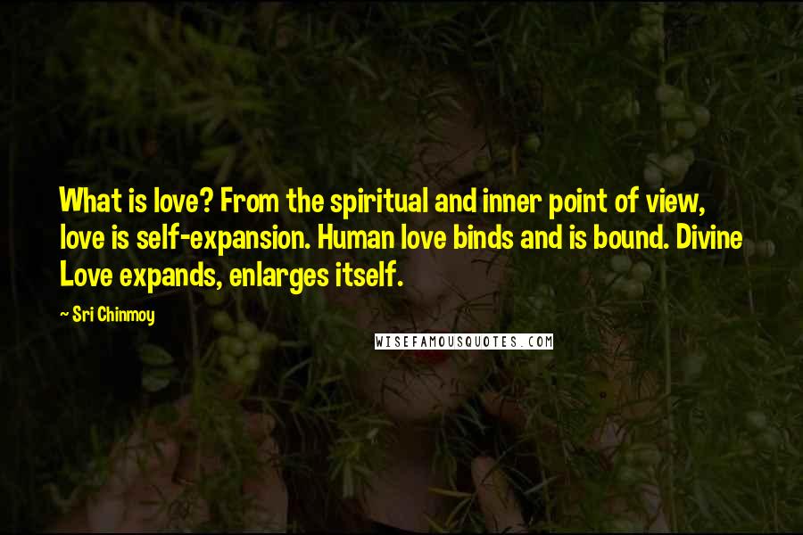Sri Chinmoy Quotes: What is love? From the spiritual and inner point of view, love is self-expansion. Human love binds and is bound. Divine Love expands, enlarges itself.
