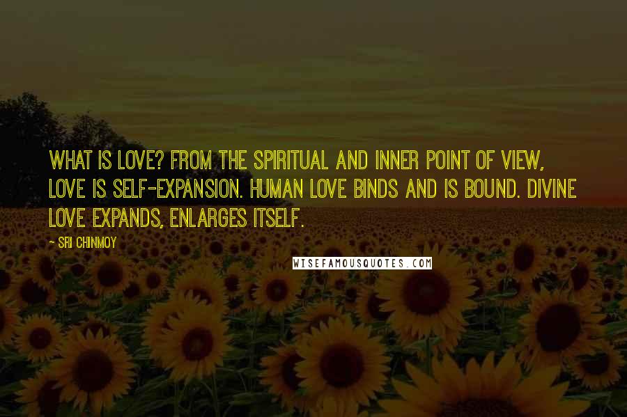 Sri Chinmoy Quotes: What is love? From the spiritual and inner point of view, love is self-expansion. Human love binds and is bound. Divine Love expands, enlarges itself.