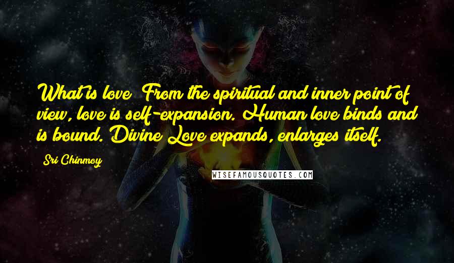 Sri Chinmoy Quotes: What is love? From the spiritual and inner point of view, love is self-expansion. Human love binds and is bound. Divine Love expands, enlarges itself.