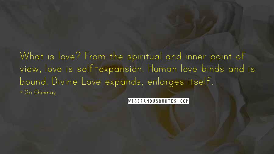 Sri Chinmoy Quotes: What is love? From the spiritual and inner point of view, love is self-expansion. Human love binds and is bound. Divine Love expands, enlarges itself.