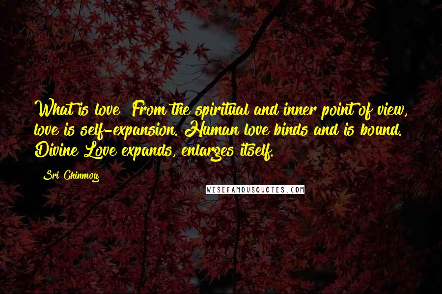 Sri Chinmoy Quotes: What is love? From the spiritual and inner point of view, love is self-expansion. Human love binds and is bound. Divine Love expands, enlarges itself.