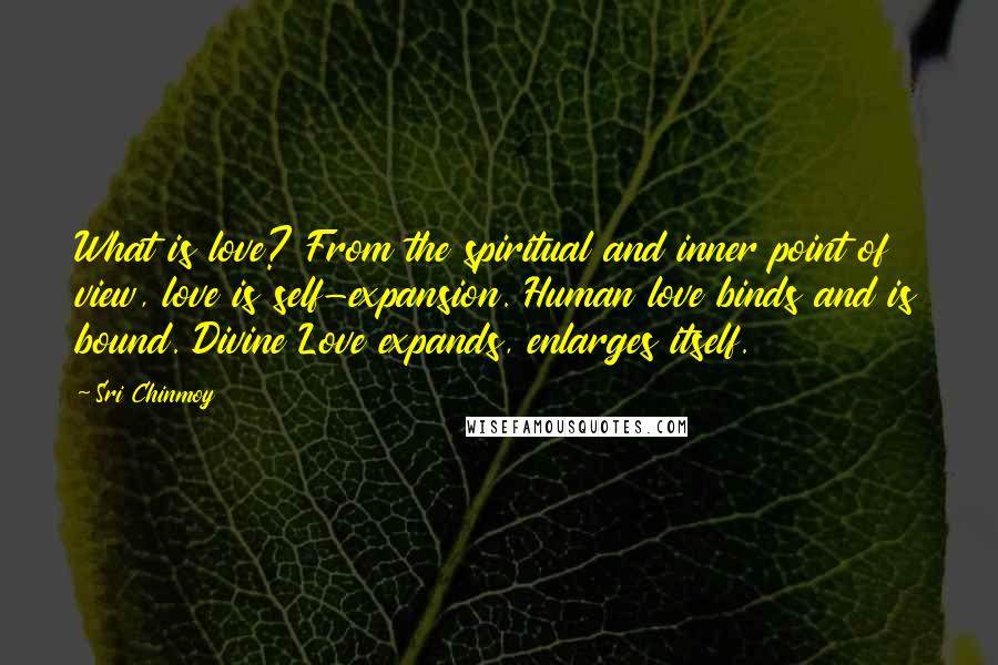 Sri Chinmoy Quotes: What is love? From the spiritual and inner point of view, love is self-expansion. Human love binds and is bound. Divine Love expands, enlarges itself.