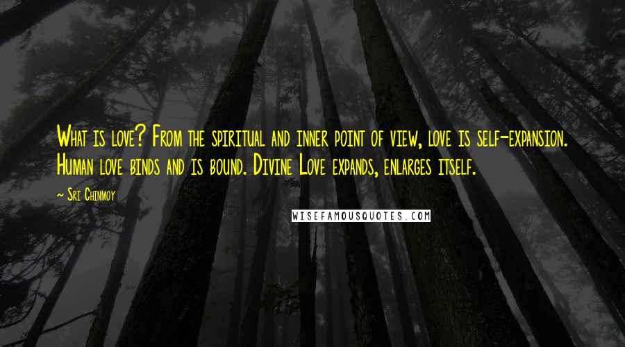Sri Chinmoy Quotes: What is love? From the spiritual and inner point of view, love is self-expansion. Human love binds and is bound. Divine Love expands, enlarges itself.