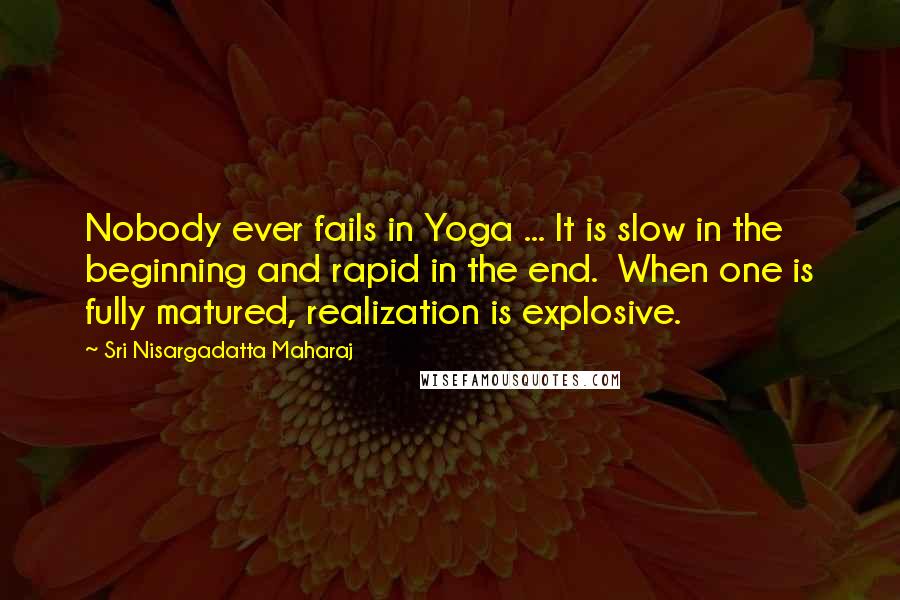 Sri Nisargadatta Maharaj Quotes: Nobody ever fails in Yoga ... It is slow in the beginning and rapid in the end. When one is fully matured, realization is explosive.