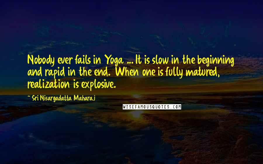 Sri Nisargadatta Maharaj Quotes: Nobody ever fails in Yoga ... It is slow in the beginning and rapid in the end. When one is fully matured, realization is explosive.