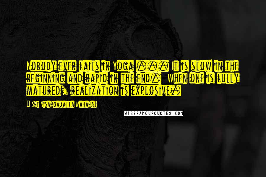 Sri Nisargadatta Maharaj Quotes: Nobody ever fails in Yoga ... It is slow in the beginning and rapid in the end. When one is fully matured, realization is explosive.