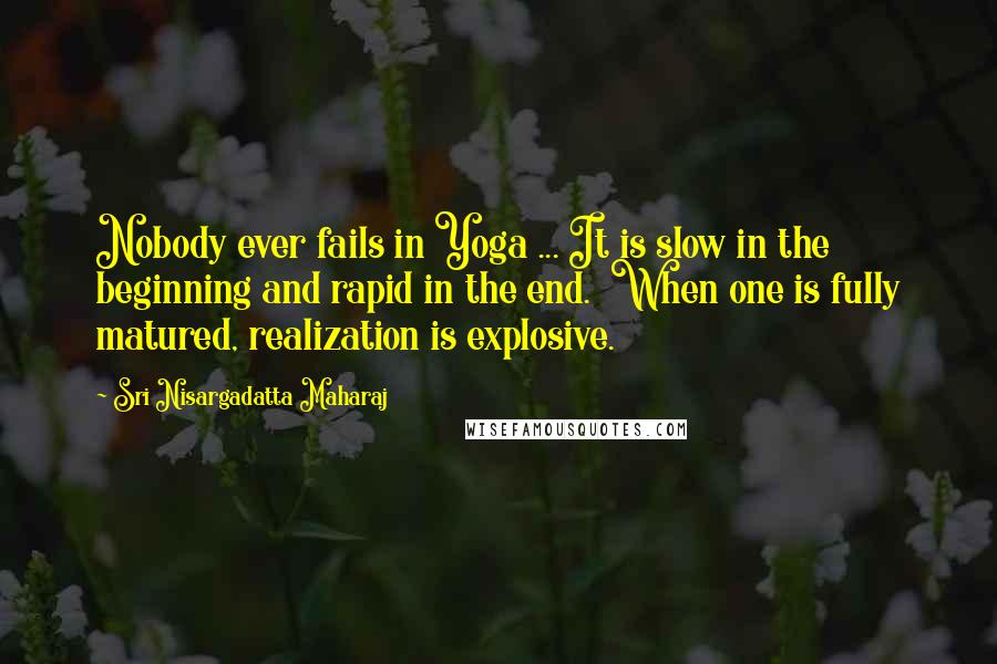 Sri Nisargadatta Maharaj Quotes: Nobody ever fails in Yoga ... It is slow in the beginning and rapid in the end. When one is fully matured, realization is explosive.