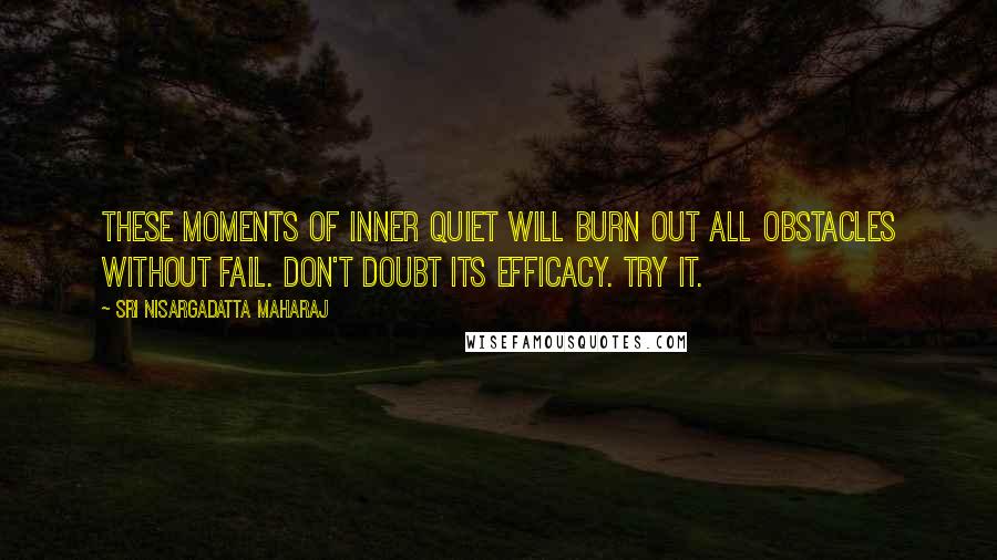 Sri Nisargadatta Maharaj Quotes: These moments of inner quiet will burn out all obstacles without fail. Don't doubt its efficacy. Try it.