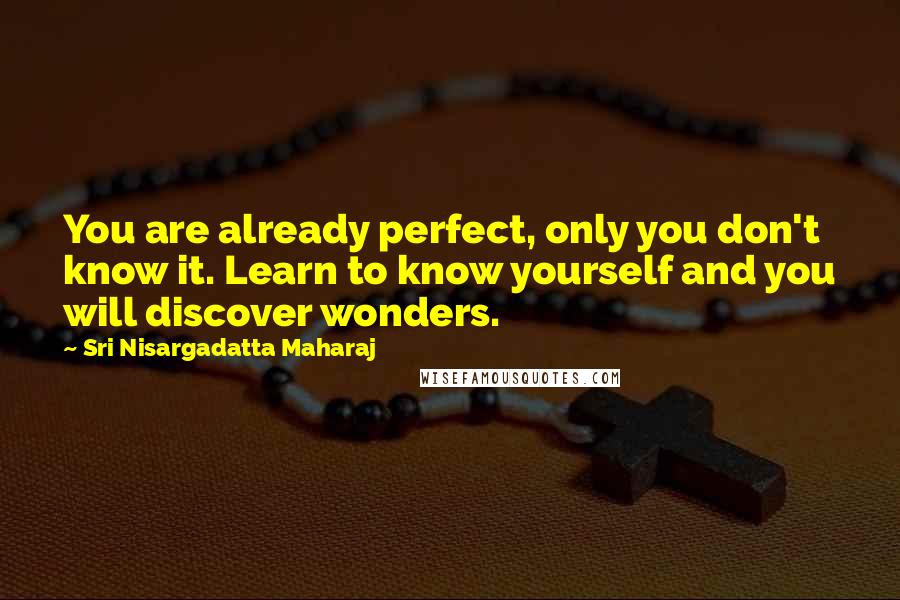Sri Nisargadatta Maharaj Quotes: You are already perfect, only you don't know it. Learn to know yourself and you will discover wonders.