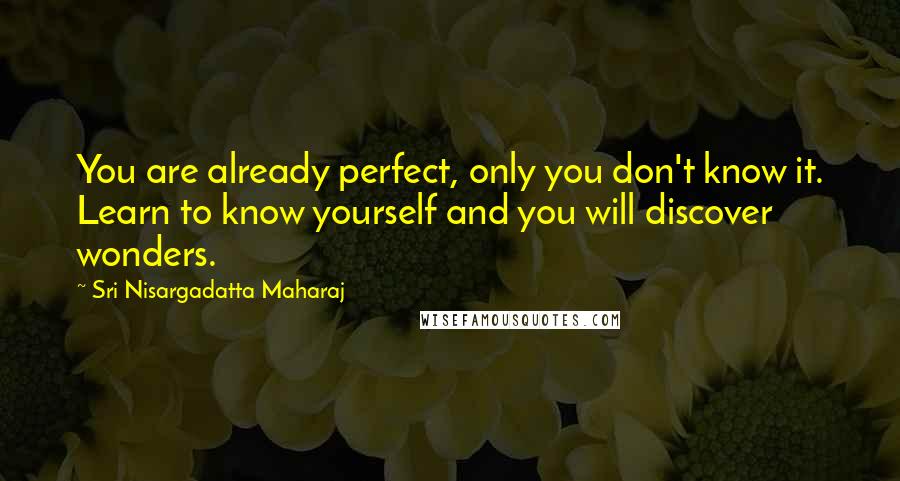 Sri Nisargadatta Maharaj Quotes: You are already perfect, only you don't know it. Learn to know yourself and you will discover wonders.