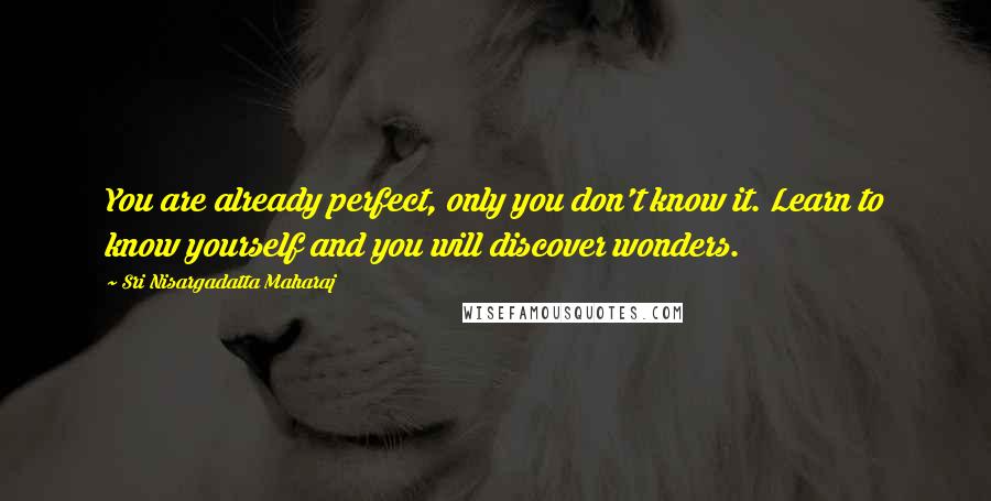 Sri Nisargadatta Maharaj Quotes: You are already perfect, only you don't know it. Learn to know yourself and you will discover wonders.