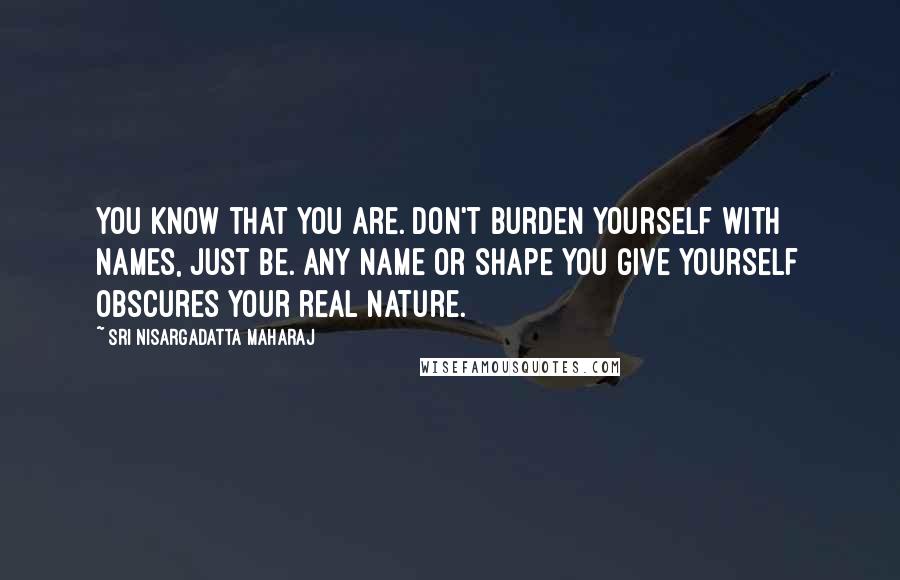Sri Nisargadatta Maharaj Quotes: You know that you are. Don't burden yourself with names, just be. Any name or shape you give yourself obscures your real nature.