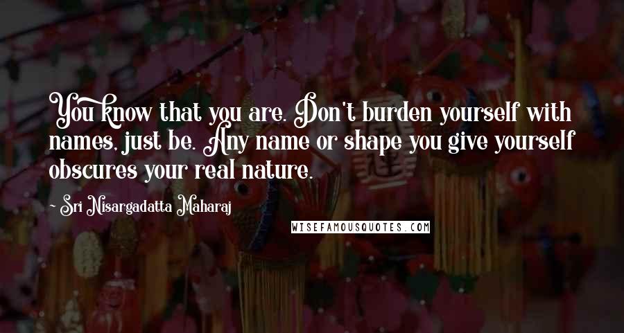 Sri Nisargadatta Maharaj Quotes: You know that you are. Don't burden yourself with names, just be. Any name or shape you give yourself obscures your real nature.