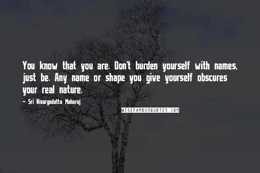 Sri Nisargadatta Maharaj Quotes: You know that you are. Don't burden yourself with names, just be. Any name or shape you give yourself obscures your real nature.