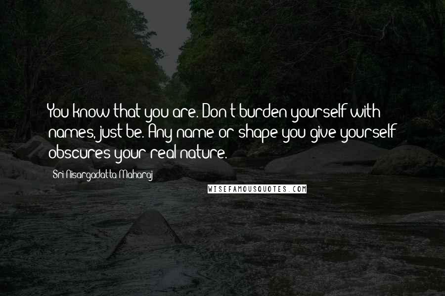 Sri Nisargadatta Maharaj Quotes: You know that you are. Don't burden yourself with names, just be. Any name or shape you give yourself obscures your real nature.