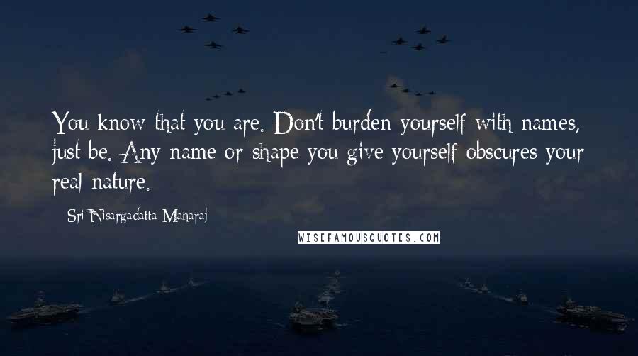 Sri Nisargadatta Maharaj Quotes: You know that you are. Don't burden yourself with names, just be. Any name or shape you give yourself obscures your real nature.