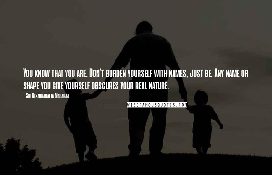 Sri Nisargadatta Maharaj Quotes: You know that you are. Don't burden yourself with names, just be. Any name or shape you give yourself obscures your real nature.
