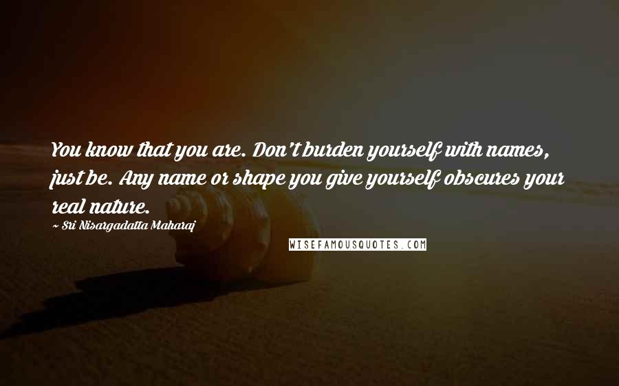 Sri Nisargadatta Maharaj Quotes: You know that you are. Don't burden yourself with names, just be. Any name or shape you give yourself obscures your real nature.