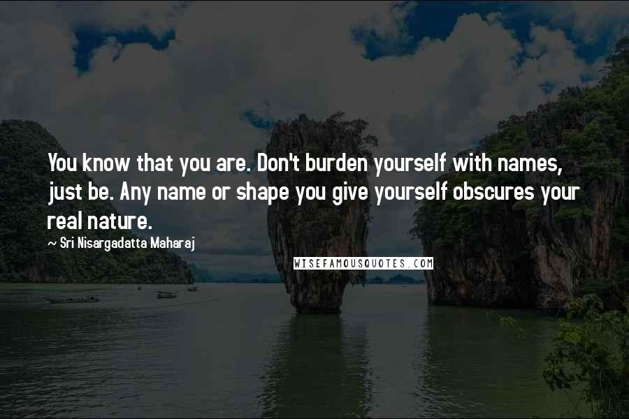 Sri Nisargadatta Maharaj Quotes: You know that you are. Don't burden yourself with names, just be. Any name or shape you give yourself obscures your real nature.