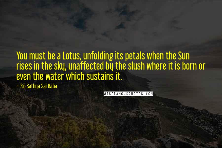 Sri Sathya Sai Baba Quotes: You must be a Lotus, unfolding its petals when the Sun rises in the sky, unaffected by the slush where it is born or even the water which sustains it.