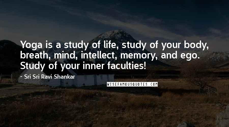 Sri Sri Ravi Shankar Quotes: Yoga is a study of life, study of your body, breath, mind, intellect, memory, and ego. Study of your inner faculties!