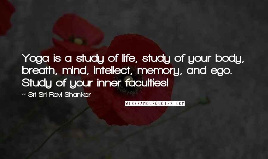 Sri Sri Ravi Shankar Quotes: Yoga is a study of life, study of your body, breath, mind, intellect, memory, and ego. Study of your inner faculties!