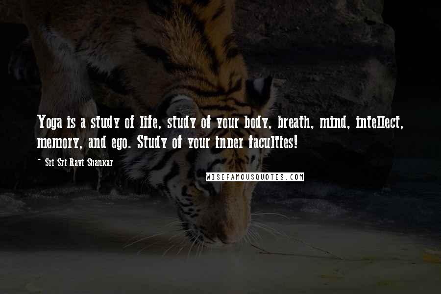 Sri Sri Ravi Shankar Quotes: Yoga is a study of life, study of your body, breath, mind, intellect, memory, and ego. Study of your inner faculties!