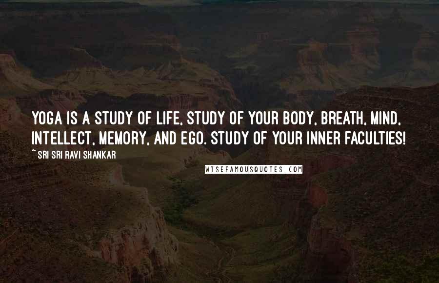 Sri Sri Ravi Shankar Quotes: Yoga is a study of life, study of your body, breath, mind, intellect, memory, and ego. Study of your inner faculties!