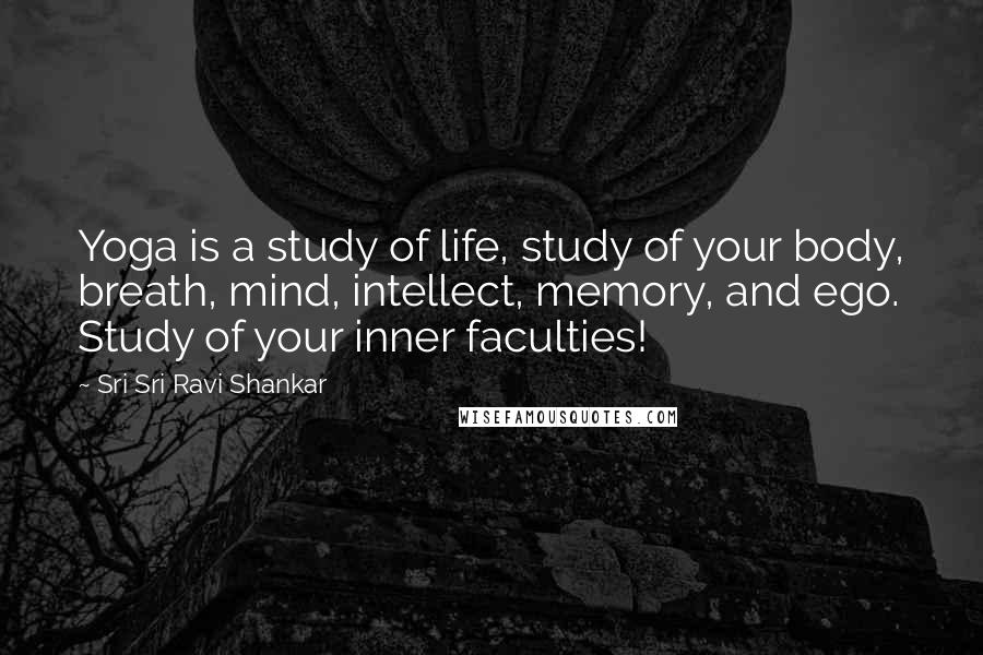 Sri Sri Ravi Shankar Quotes: Yoga is a study of life, study of your body, breath, mind, intellect, memory, and ego. Study of your inner faculties!
