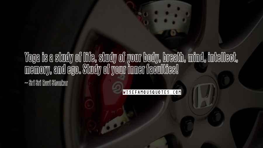 Sri Sri Ravi Shankar Quotes: Yoga is a study of life, study of your body, breath, mind, intellect, memory, and ego. Study of your inner faculties!