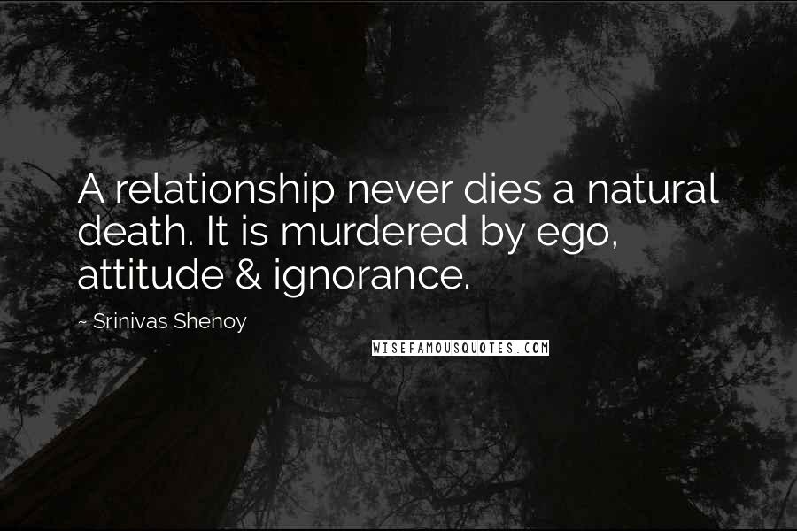 Srinivas Shenoy Quotes: A relationship never dies a natural death. It is murdered by ego, attitude & ignorance.