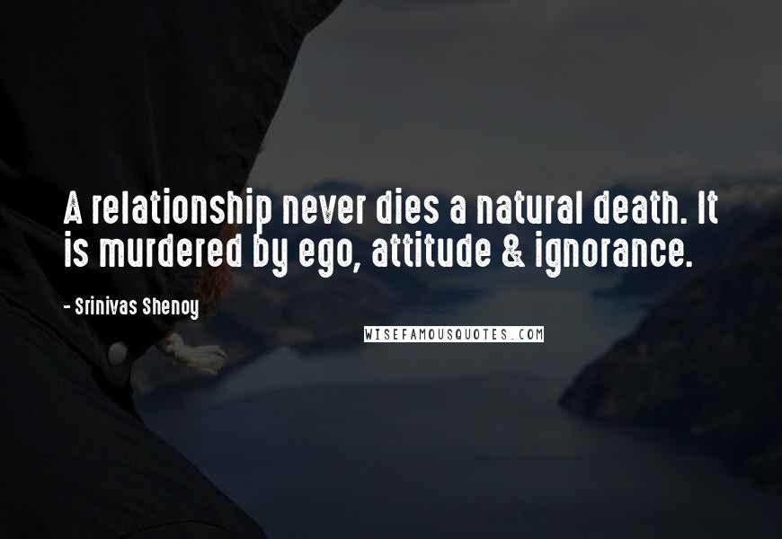 Srinivas Shenoy Quotes: A relationship never dies a natural death. It is murdered by ego, attitude & ignorance.