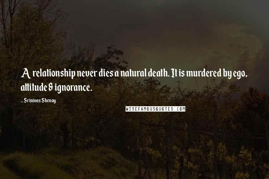 Srinivas Shenoy Quotes: A relationship never dies a natural death. It is murdered by ego, attitude & ignorance.