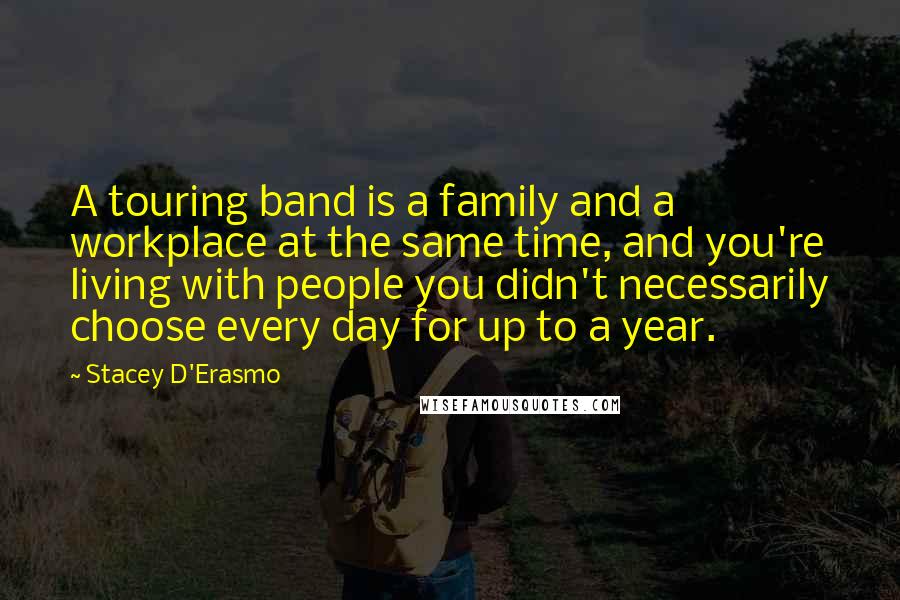 Stacey D'Erasmo Quotes: A touring band is a family and a workplace at the same time, and you're living with people you didn't necessarily choose every day for up to a year.