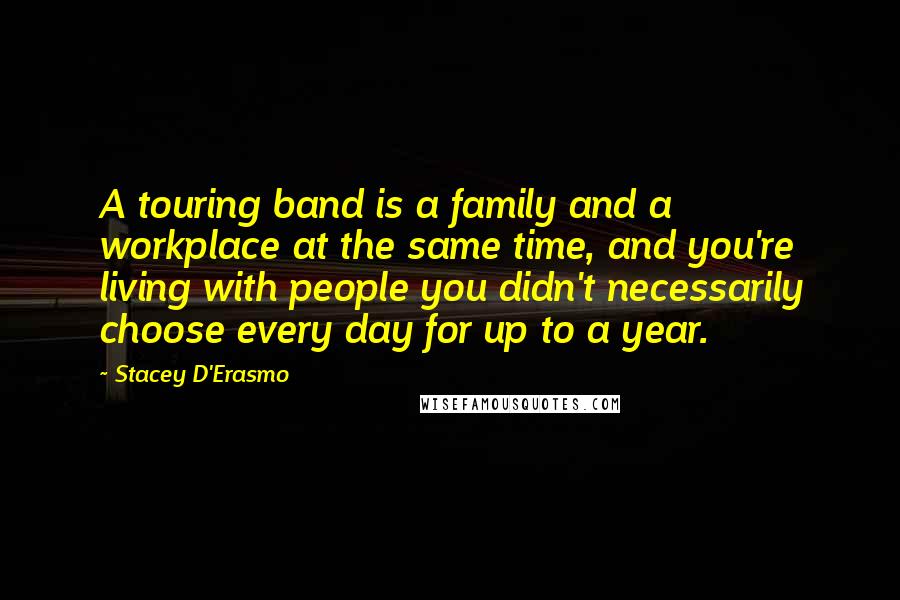 Stacey D'Erasmo Quotes: A touring band is a family and a workplace at the same time, and you're living with people you didn't necessarily choose every day for up to a year.