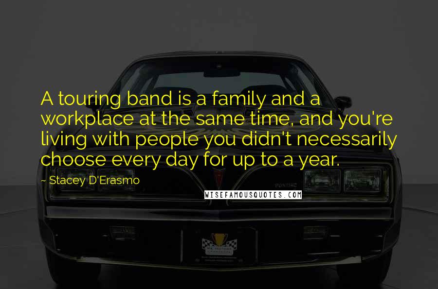 Stacey D'Erasmo Quotes: A touring band is a family and a workplace at the same time, and you're living with people you didn't necessarily choose every day for up to a year.