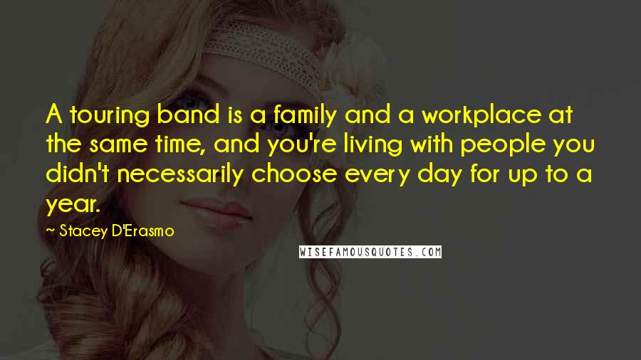 Stacey D'Erasmo Quotes: A touring band is a family and a workplace at the same time, and you're living with people you didn't necessarily choose every day for up to a year.