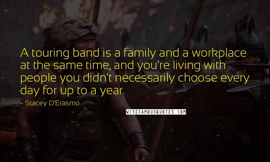 Stacey D'Erasmo Quotes: A touring band is a family and a workplace at the same time, and you're living with people you didn't necessarily choose every day for up to a year.