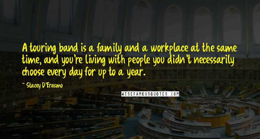 Stacey D'Erasmo Quotes: A touring band is a family and a workplace at the same time, and you're living with people you didn't necessarily choose every day for up to a year.