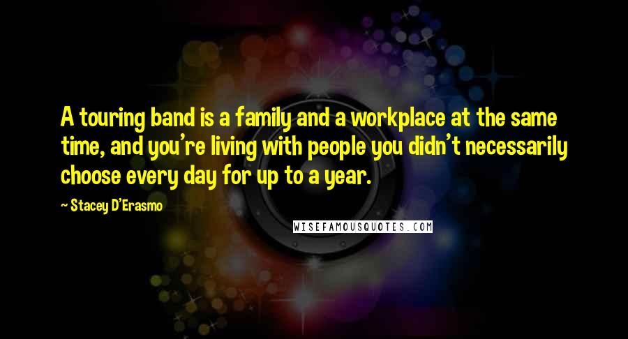 Stacey D'Erasmo Quotes: A touring band is a family and a workplace at the same time, and you're living with people you didn't necessarily choose every day for up to a year.