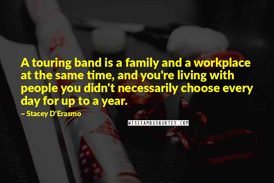 Stacey D'Erasmo Quotes: A touring band is a family and a workplace at the same time, and you're living with people you didn't necessarily choose every day for up to a year.