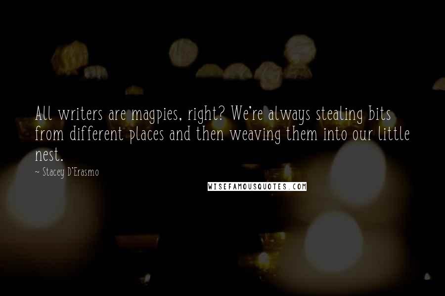 Stacey D'Erasmo Quotes: All writers are magpies, right? We're always stealing bits from different places and then weaving them into our little nest.