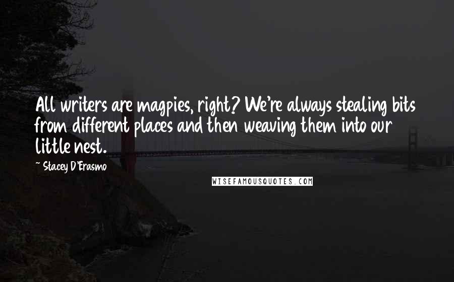 Stacey D'Erasmo Quotes: All writers are magpies, right? We're always stealing bits from different places and then weaving them into our little nest.