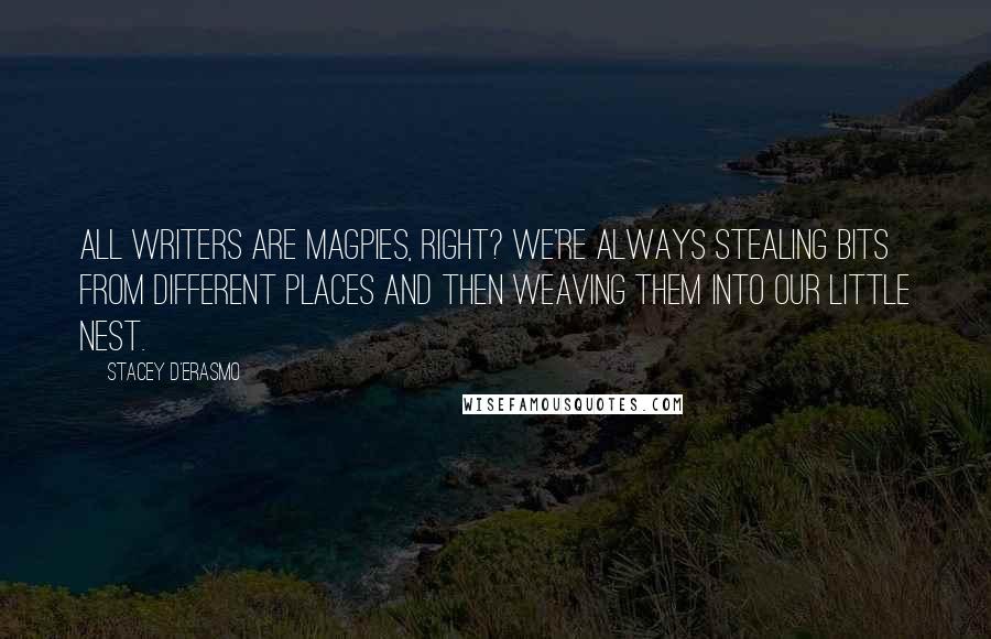 Stacey D'Erasmo Quotes: All writers are magpies, right? We're always stealing bits from different places and then weaving them into our little nest.